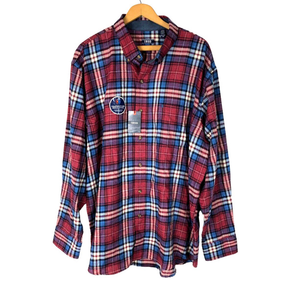 Izod Flannel Shirt 2XL XXL Plaid Lumberjack Button Down Dark Red Blue NEW Mens - Picture 1 of 6